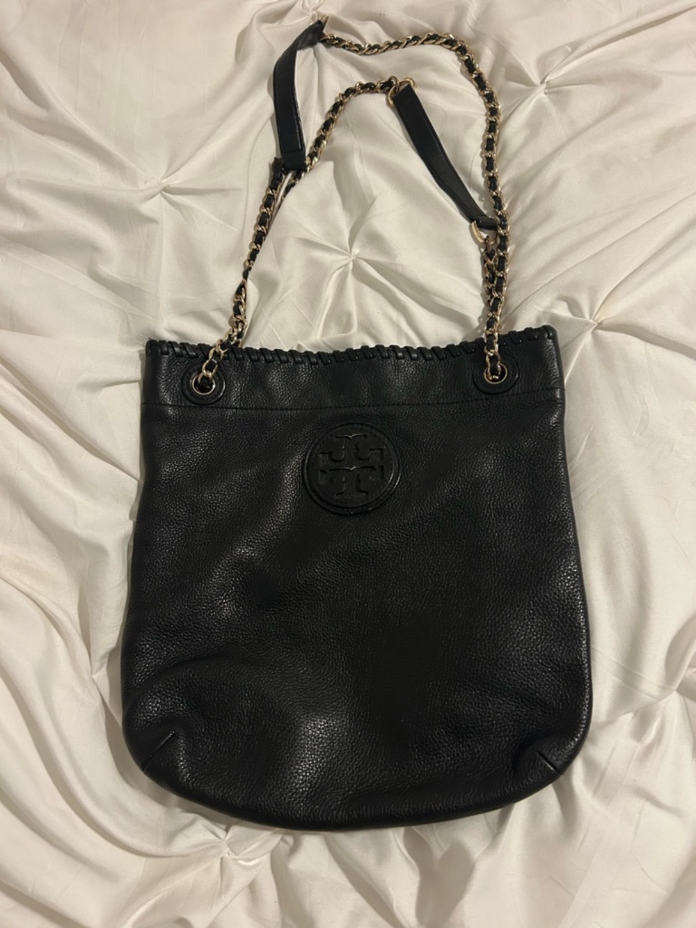Tory Burch Black Pebbled Leather Chain-Trim Shoulder Bag
